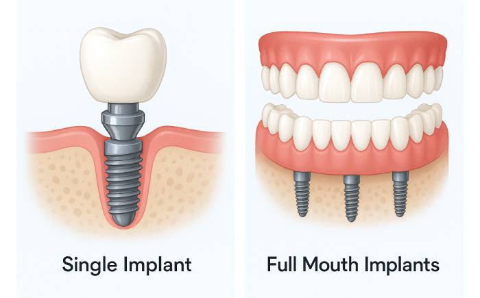 Difference between single implant and full mouth implant