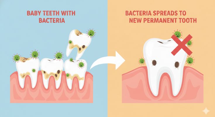 Illustration showing bacteria from untreated baby tooth cavities attacking new permanent teeth.