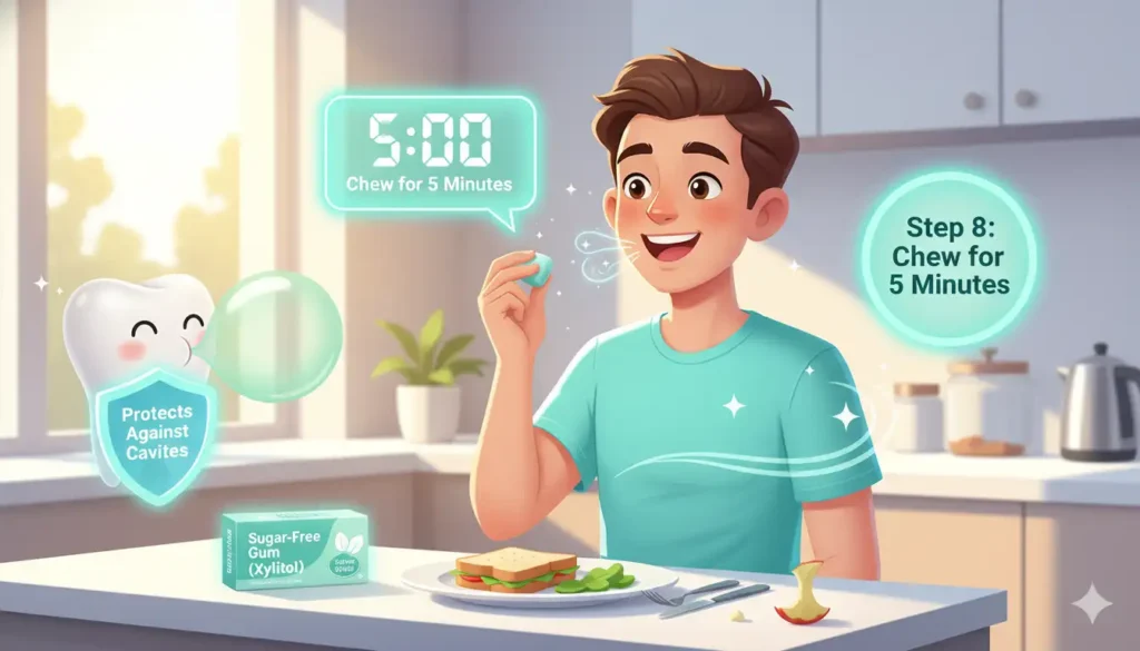 Chew xylitol gum for 5 minutes