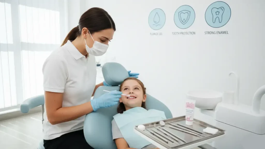 Dentist applying fluoride varnish to patient’s teeth for cavity prevention