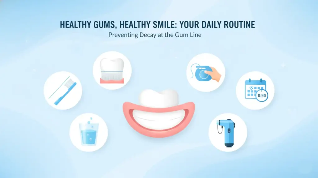 Step-by-step dental care routine with brushing, flossing, and rinsing tips to prevent tooth decay around the gum line.