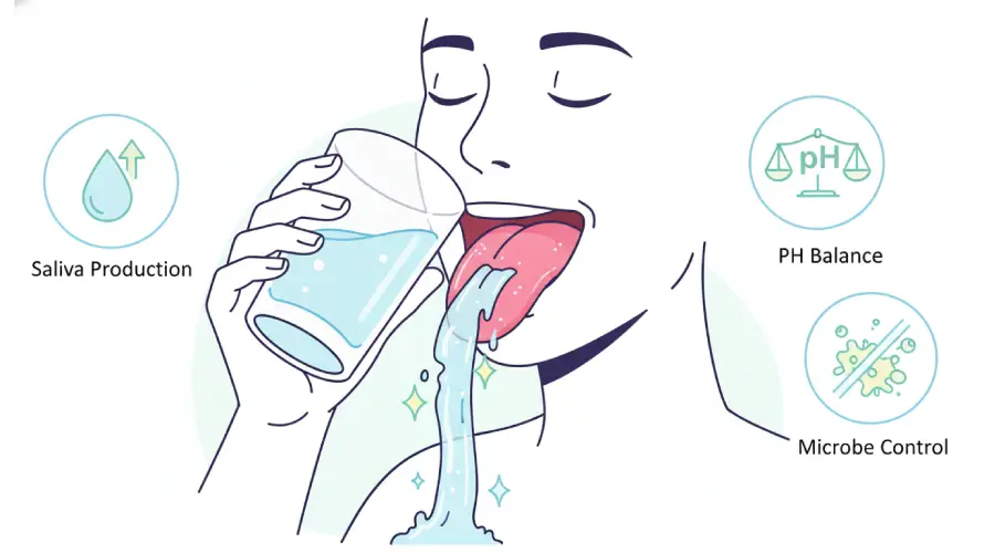 Illustration of a person drinking water to soothe inflamed taste buds, with symbols showing moisture, pH balance, saliva production, and reduced microbes.